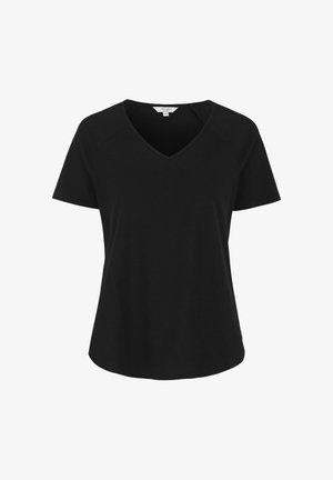 Sort kortærmet V-hals T-shirt med en let buet kant og ensartet, glat stof vist mod en hvid baggrund.