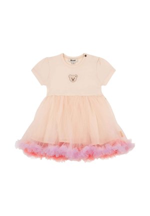 Rosa Baumwollkleid mit kurzen Ärmeln und einem Bärenemblem. Tüllrock mit gestufter Rüschensaum in Rosa- und Lavendeltönen.