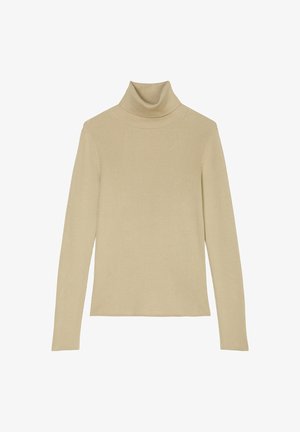 Beige geribbelde coltrui met lange mouwen en een aansluitend ontwerp. Gemaakt van zacht, getextureerd materiaal met subtiele stikselaccenten.