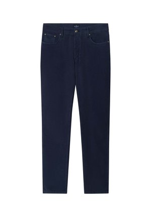 Pantaloni in cotone blu navy con taglio dritto, dotati di cinque tasche, chiusura con zip e dettagli in metallo per il fissaggio.
