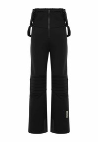 Pantaloni da sci neri isolati con ginocchia imbottite, una zip frontale, spallacci regolabili e logo "COLMAR" vicino alla caviglia sinistra.