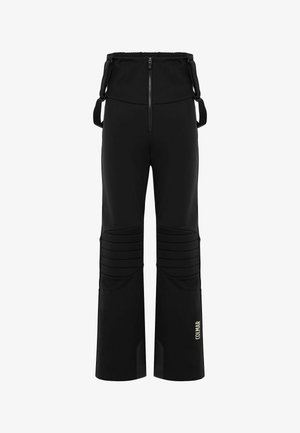 Mustad musta isolatsiooniga suusapüksid, millel on pehmendatud põlved, esikinnitus tõmblukuga, reguleeritavad õlarihmad ja "COLMAR" logo vasaku pahkluu lähedal.