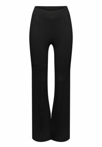 Pantalon noir à jambes larges en tissu doux, avec une taille haute et des détails de coutures verticales pour un look épuré.