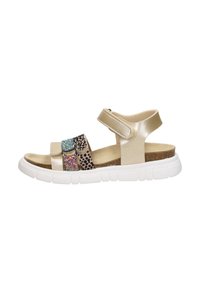 Gold synthetic sandals featuring three adjustable straps: one metallic, one with glitter, and one leopard print. Thick white sole for comfort.