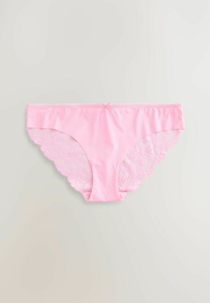 Ropa interior de algodón rosa claro con encaje en los laterales, presentando un patrón ondulado y un pequeño lazo en el centro delantero.