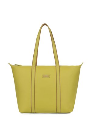Borsa tote gialla con due manici lunghi, texture liscia e cuciture marroni a contrasto. Presenta una base rettangolare e una chiusura con zip.