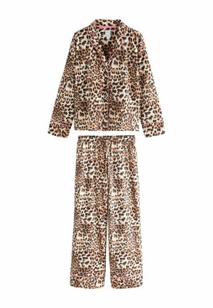 Leopardenmuster-Pyjama-Set aus weichem Stoff, bestehend aus einem Hemd mit Knopfverschluss und Kragen sowie passenden Hose mit elastischem Bund und kontrastierenden Akzenten.