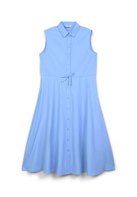 Jasnoniebieska sukienka bez rękawów z zapięciem na guziki z przodu, kołnierzykiem i wiązaniem w talii. Rozkloszowana spódnica sięga do połowy łydki i ma gładką fakturę tkaniny.