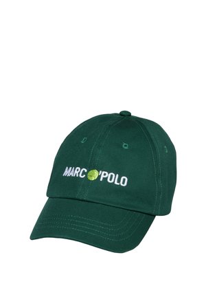 Ciemnozielona czapka bejsbolowa z białym i żółtym logo "MARC O'POLO" wyszytym na środku z przodu.