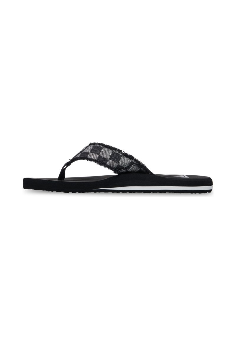 Tongs noires avec une tige à motif quadrillé texturé. La semelle présente une bande d'accent blanche et une semelle extérieure en caoutchouc durable et flexible.