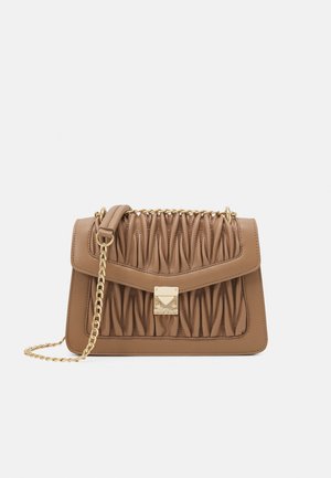 Brown leather handbag with ruched front, gold chain strap, and a square gold clasp on a plain white background.