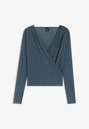 Long-sleeve wrap top in dark blue, featuring a textured fabric with a deep V-neck and an asymmetrical hem. Brand label "BOSS" visible.