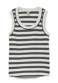 Gestreept tanktop met een witte basis en zwarte horizontale strepen. Kenmerkt zich door een ronde hals en een mouwloos ontwerp, gemaakt van ribstof.