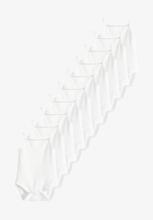 Set of 12 white cotton ribbed bodysuits with adjustable spaghetti straps and snap closures at the bottom. Lightweight and soft texture.
