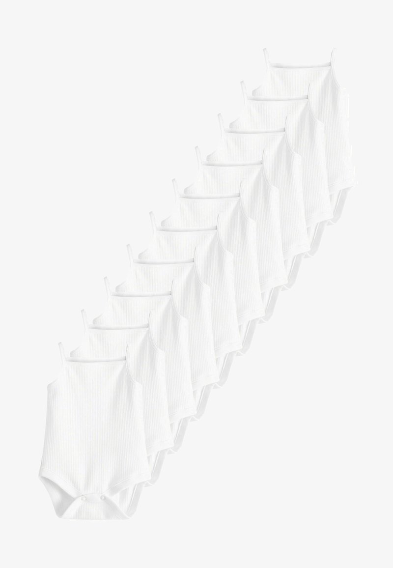 Set van 12 witte katoenen ribgebreide rompertjes met verstelbare spaghettibandjes en drukknoopsluitingen onderaan. Lichtgewicht en zachte textuur.