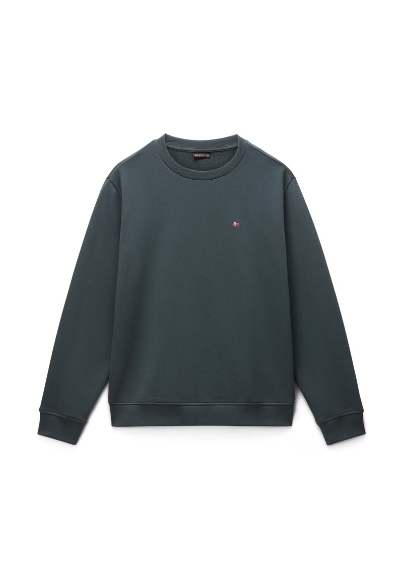 Dark green sweatshirt with a round neck, ribbed cuffs, and hem. Features a small red and white emblem on the chest. Soft, textured fabric.