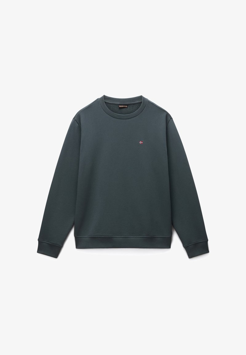 Dark green sweatshirt with a round neck, ribbed cuffs, and hem. Features a small red and white emblem on the chest. Soft, textured fabric.