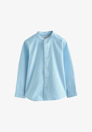Camicia azzurro chiaro a maniche lunghe con collo alla coreana, chiusura frontale con bottoni e un piccolo logo ricamato sul petto a sinistra. Materiale in cotone.