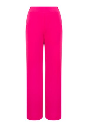 Bright pink wide-leg pants with a smooth texture and a high waist design. Made from lightweight fabric for comfort and ease of movement.