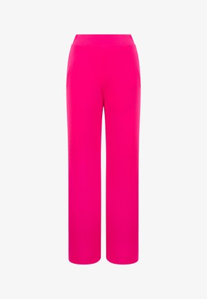 Spilgti rozā platās bikses ar gludu tekstūru un augstu jostas līniju. Izgatavotas no viegla auduma, kas nodrošina komfortu un brīvu kustību.