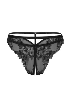 String noir en dentelle avec des panneaux en mesh, détails en dentelle florale et fines sangles élastiques. Doté d'un dos en V avec des bords en dentelle décoratifs.