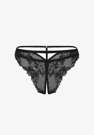 Schwarzer Spitzen-Tanga mit Netzeinsätzen, floralen Spitzenverzierungen und dünnen elastischen Trägern. Mit einem V-förmigen Rücken und dekorativen Spitzenkanten.