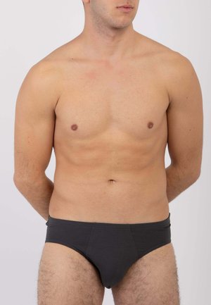 Mutande da uomo grigio scuro in cotone, stile slip aderente, con una texture liscia e una fascia elastica semplice.