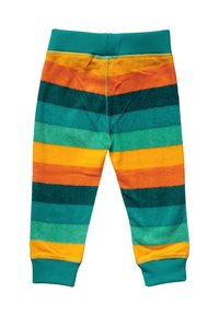 Fleece-Pyjamahose mit kräftigen horizontalen Streifen in Türkis, Orange und Gelb. Verfügt über einen elastischen Bund und Bündchen, weiche Textur.