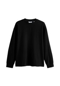 Černá mikina s dlouhým rukávem a kulatým výstřihem vyrobená z bavlněné směsi; má vroubkované manžety a volný střih, hladký povrch bez vzorů.