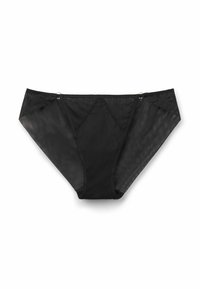 Zwarte mesh bikini-achtige onderbroek met een driehoekig ontwerp, een gladde textuur en gouden accenten op de taille.