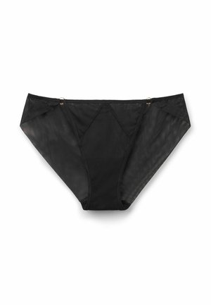 Zwarte mesh bikini-achtige onderbroek met een driehoekig ontwerp, een gladde textuur en gouden accenten op de taille.