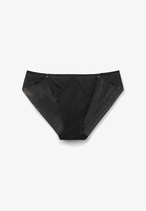 Schwarze, netzartige Bikini-Unterwäsche mit einem dreieckigen Design, glatter Textur und goldfarbenen Akzenten an der Taille.