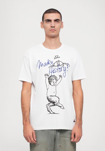 White cotton t-shirt featuring a black sketch of a child with a crown and the text "Make History!" in blue. Short sleeves, relaxed fit.