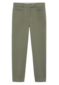 Pantalon vert olive avec une texture lisse, coupe slim et deux poches avant. Présente une taille droite et aucun détail de quincaillerie visible.