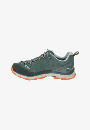 Gray outdoor shoe with a textured surface, orange accents on the outsole, and a padded collar. Features a lace-up design with reinforced eyelets.
