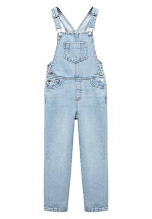 Light blue denim overalls with adjustable straps, front pocket, two side pockets, and straight legs. Soft texture with classic stitching.