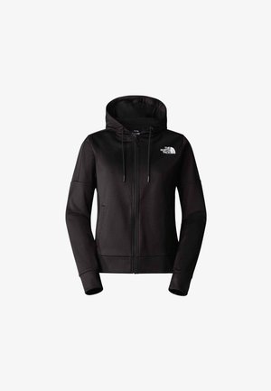 Black zip-up hoodie with drawstrings, long sleeves, and The North Face white logo on the left chest.