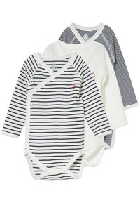 Tre body a manica lunga: due con strisce blu navy su sfondo bianco e uno completamente bianco. Tessuto di cotone morbido, design avvolgente, chiusure a scatto nella parte inferiore.