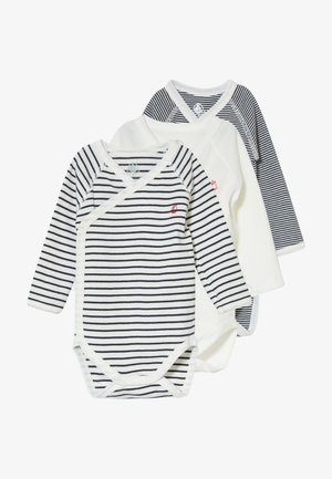 Tri suknje s dugim rukavima: dvije s tamnoplavim prugama na bijeloj podlozi i jedna potpuno bijela. Mekana pamučna tkanina, dizajn omota, kopčanje na dnu.