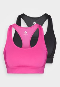 Două bustiere sportive, una roz aprins și una neagră, având un design cu spatele racer și o bandă elastică. Ambele sunt confecționate dintr-un material neted și elastic.