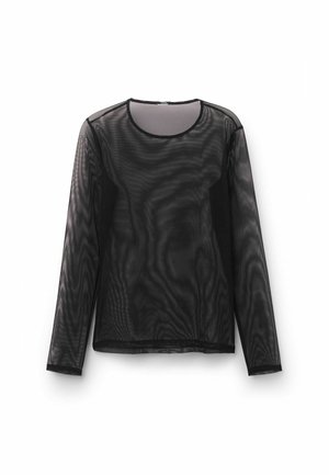 Zwarte langwerpige mesh top met een ronde hals. Heeft doorschijnende stof met een gladde textuur en een rechte zoom.