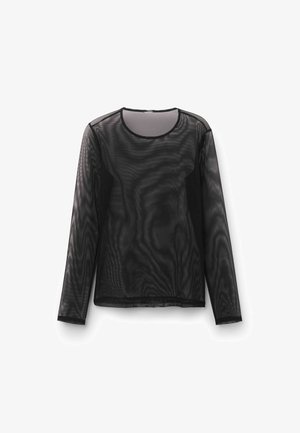 Zwarte langwerpige mesh top met een ronde hals. Heeft doorschijnende stof met een gladde textuur en een rechte zoom.