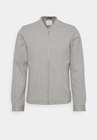 Veste zippée grise en tissu doux, avec un col de style bomber, des manches longues et un design simple sans motifs ni embellissements.