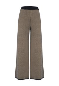 Wijd-uitlopende broeken van gestructureerde, metallic bronzen stof. Voorzien van een zwarte elastische tailleband en contrasterende zwarte biezen aan de zoom.