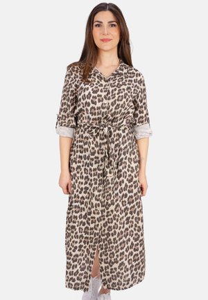 Leopardenmuster-Kleid, Knopfleiste vorne, taillierter Schnitt, hochgekrempelte Ärmel, leichtes Material, knielang, mit einem Schlitzdetail vorne.