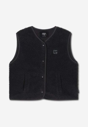 Schwarze Fleece-Ärmellose Weste mit Druckknöpfen, zwei Fronttaschen und kleinem Logo auf der Brust.