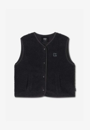 Veste sans manches en polaire noire avec boutons pression, deux poches avant et un petit logo sur la poitrine.