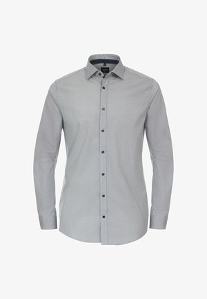 Grijze langslavige shirt met een fijn geometrisch patroon. Knop-down kraag en manchetten. Zwarte knopen accentueren het ontwerp.