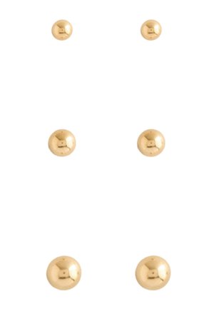 Six pairs of round gold stud earrings in small, medium, and large sizes arranged vertically on white background.