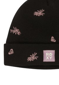 Czarna, dziana czapka z różowymi haftami liścia i serca; posiada fioletową metkę z logo "ROXY". Miękka tekstura.